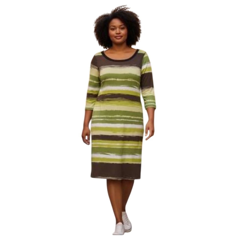Signature by Robbie Bee Brown &‎ Avacado  Green Striped 3/4 Sleeve Dress XL NWT